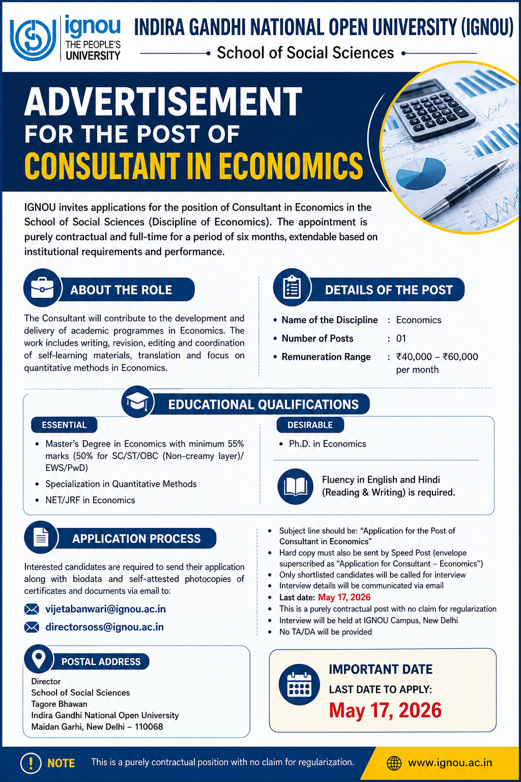 Advertisement for the Post of Consultant in Economics